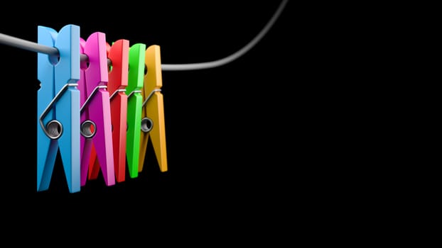 Colorful Clothespins with Copyspace on Black Background 3D Illustration