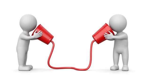 Two White 3D Characters Communicating with Plastic Cup Phone 3D Illustration on White Background