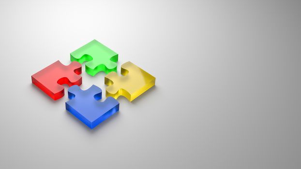 Four Color Glassy Puzzle Pieces Combined 3D Illustration on Gray Background with Copyspace, Cooperation Concept
