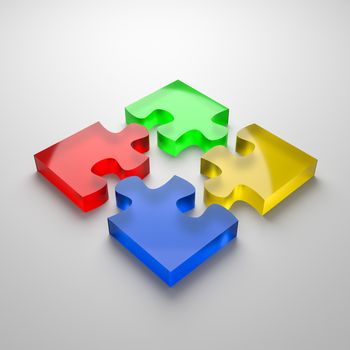 Four Color Glassy Puzzle Pieces Combined 3D Illustration on Gray Background, Cooperation Concept