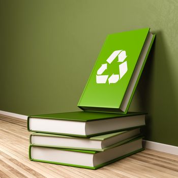 Book with Recycle Symbol on the Cover on top of a Pile of Green Books in the Room with Copyspace 3D Render