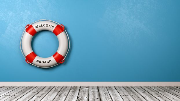 Lifebuoy with Welcome Aboard Text in a Blue Wall Room with Copy Space 3D Render