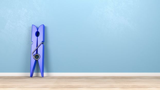 Blue Plastic Clothespin on Wooden Floor Against Blue Wall with Copy Space 3D Illustration