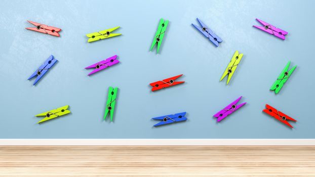 Colorful Plastic Clothespin on the Blue Wall in the Room 3D Illustration