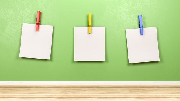 Three Blank Paper Notes with Colorful Clothespin Against Green Wall in the Room 3D Illustration