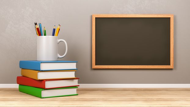 Blank Blackboard with Stack of Books and Stationery Supplies in the Room