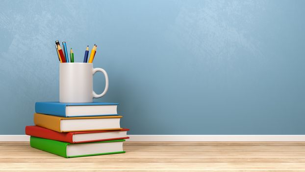 Stack of Books and Stationery Supplies on Wooden Floor in the Room with Copyspace 3D Render