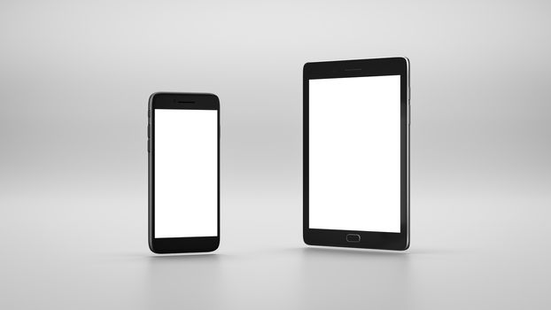 Standing Smartphone and Tablet Pc with White Blank Display on Gray Background with Copyspace 3D Illustration