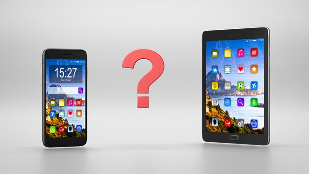 Standing Smartphone and Tablet Pc on Gray Background with Red Question Mark 3D Illustration, Compare and Choose Concept