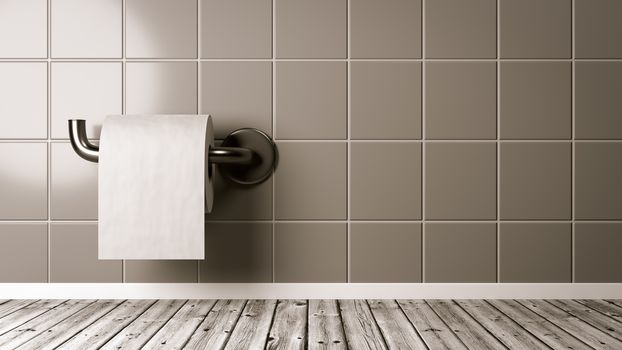 Toilet Paper in a Gray Tiles, Wooden Floor Bathroom with Copy Space 3D Illustration