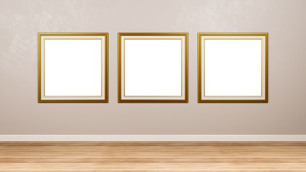 Triptych of Classic Square Empty Golden Picture Frame at the Wall in the Room 3D Render