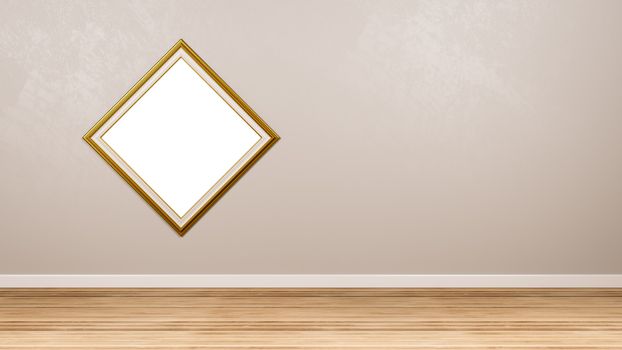 Classic Rhombus Empty Golden Picture Frame at the Wall in the Room with Copyspace 3D Render