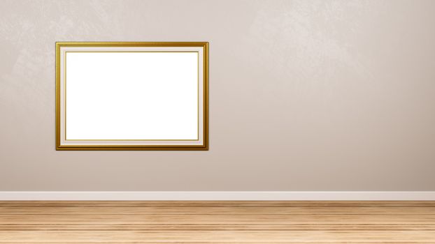 Classic Rectangular Empty Golden Picture Frame at the Wall in the Room with Copyspace 3D Render