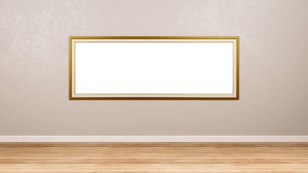 Classic Rectangular Panoramic Empty Golden Picture Frame at the Wall in the Room with Copyspace 3D Render