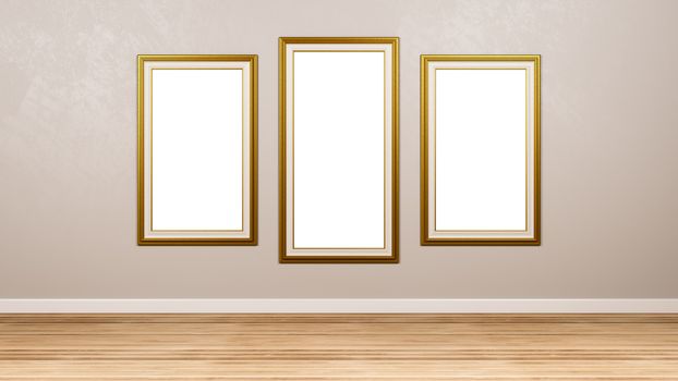 Triptych of Classic Rectangular Empty Golden Picture Frame at the Wall in the Room 3D Render