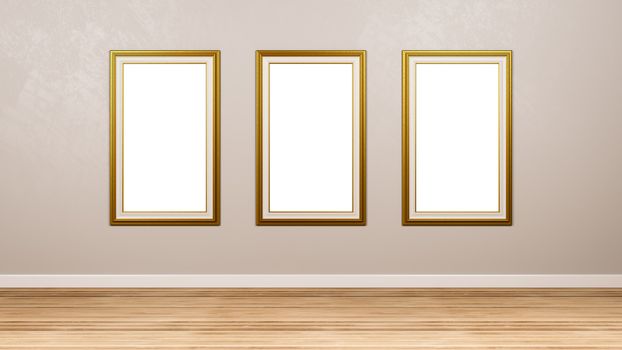 Triptych of Classic Rectangular Empty Golden Picture Frame at the Wall in the Room 3D Render
