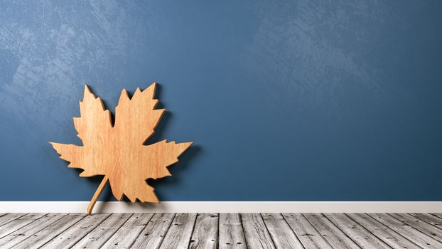 Wooden Leaf 3D Symbol Shape on Wooden Floor Against Blue Wall with Copy Space 3D Illustration, Autumn Concept