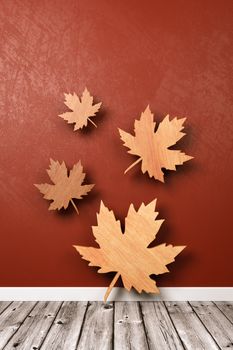 Wooden Leaves 3D Symbol Shape in the Room with Copy Space 3D Illustration, Autumn Concept