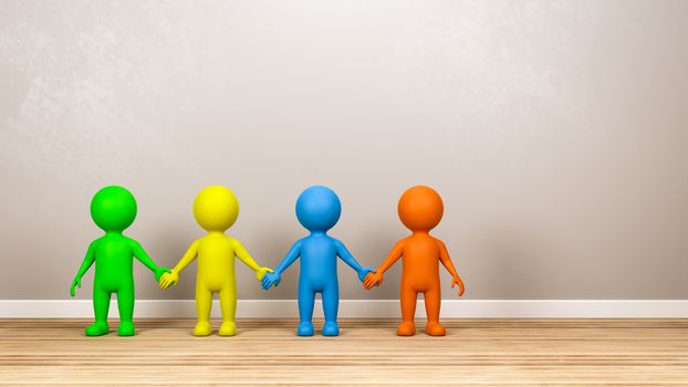 Four Multicolor Human 3D Characters Holding Hands on Wooden Floor in a Gray Wall Room with Copyspace 3D Render