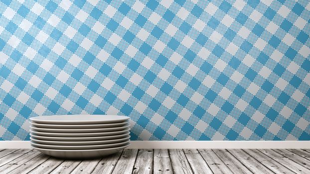 Stack of White Ceramic Dishes on Wooden Floor Against Table Cloth Style Blue Wall with Copy Space 3D Illustration