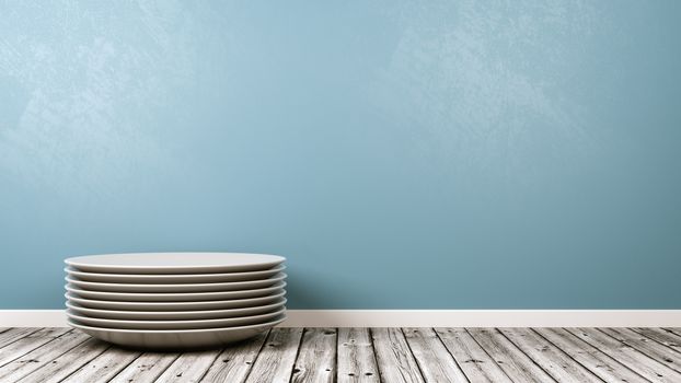 Stack of White Porcelain Dishes on Wooden Floor Against Blue Wall with Copy Space 3D Illustration
