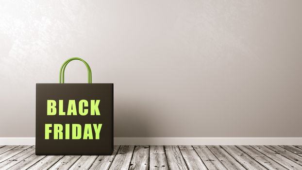 One Black Shopping Bag with Black Friday Text on Wooden Floor Against Grey Wall with Copyspace 3D Illustration