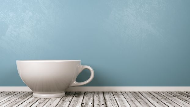 White Porcelain Breakfast Cup on Wooden Floor Against Blue Wall with Copy Space 3D Illustration