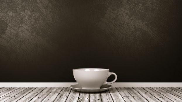 White Porcelain Small Drinking Cup on Wooden Floor Against Black Wall with Copy Space 3D Illustration