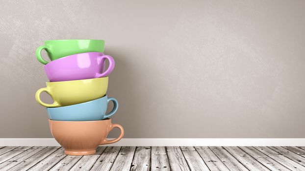 Stack of Colored Porcelain Breakfast Cups on Wooden Floor Against Gray Wall with Copy Space 3D Illustration