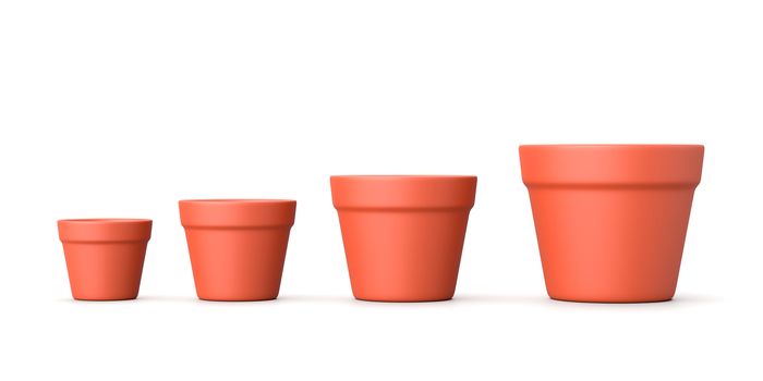 Set of Four, Increasing Size, Earthenware Empty Flowerpot Isolated on White Background 3D Illustration