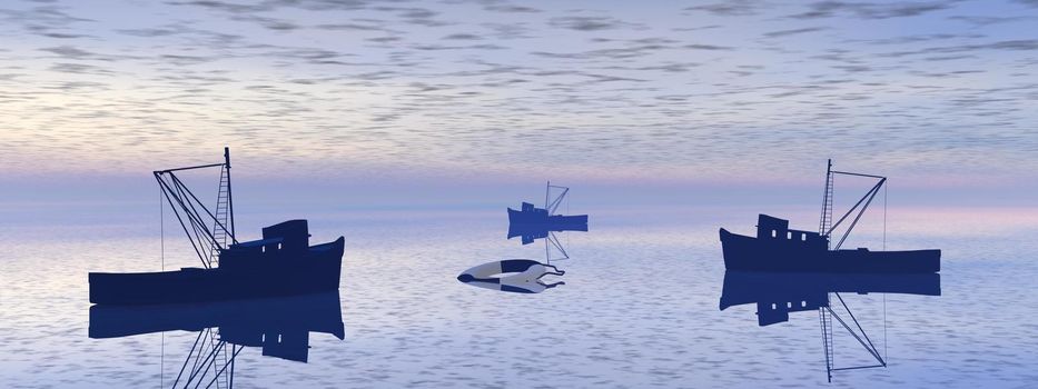 view on fishing boats with a very nice view and sky - 3d rendering