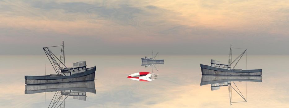 view on fishing boats with a very nice view and sky - 3d rendering