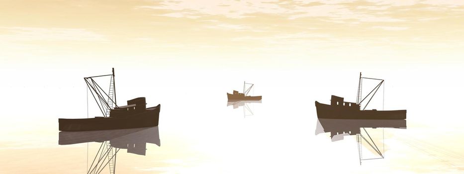 view on fishing boats with a very nice view and sky - 3d rendering