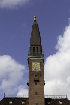 COPENHAGEN, DENMARK - 12 September 2019: Close-up view of Scandic Palace Hotel tower with the blue sky on the background