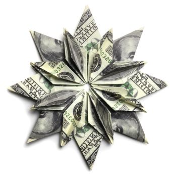 A 100 dollar bill in the shape of a snowflake on a white background.