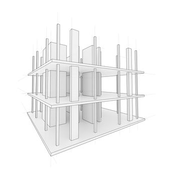 Drawing or sketch of a house under construction. Construction site. Main line, back contour and auxiliary lines. 3D illustration