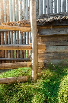 New-mown green hay with the village a close up