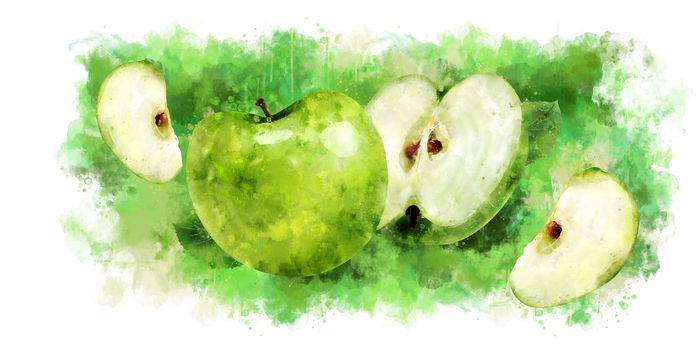 Green Apple, isolated hand-painted illustration on white background