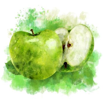 Green Apple, isolated hand-painted illustration on white background