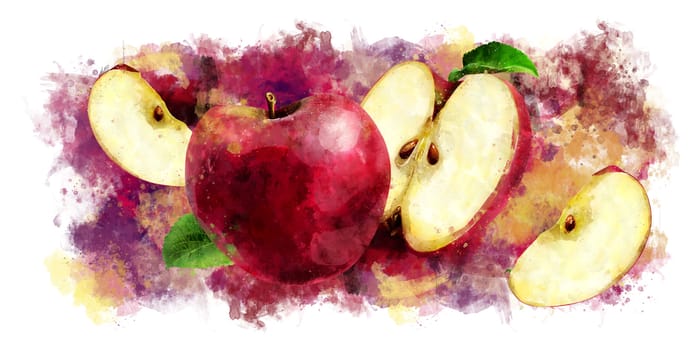 Red Apple, isolated hand-painted illustration on a white background