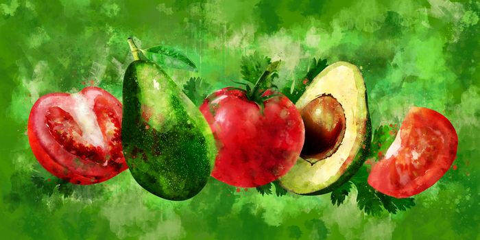 Avocado and tomato slices on green background.