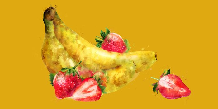 Banana and strawberry, hand-painted illustration on a yellow background