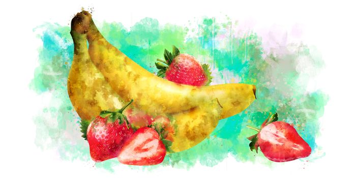 Banana and strawberry, isolated hand-painted illustration on a white background