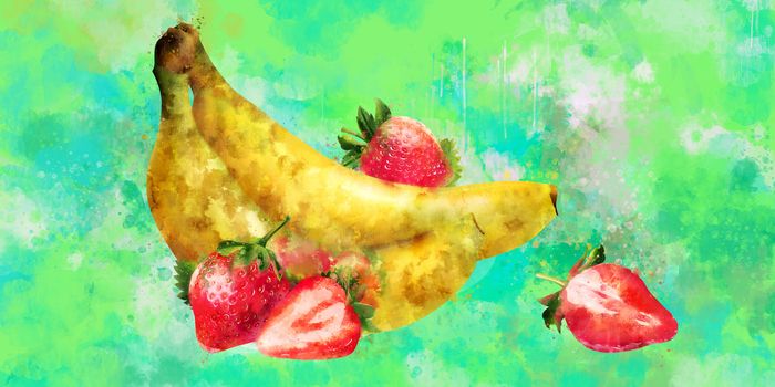 Banana and strawberry, hand-painted illustration on blue background