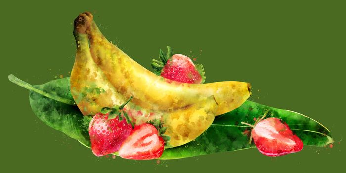 Banana and strawberry, hand-painted illustration on a green background