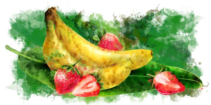 Banana and strawberry, hand-painted illustration on a green background