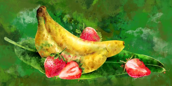 Banana and strawberry, hand-painted illustration on a green background