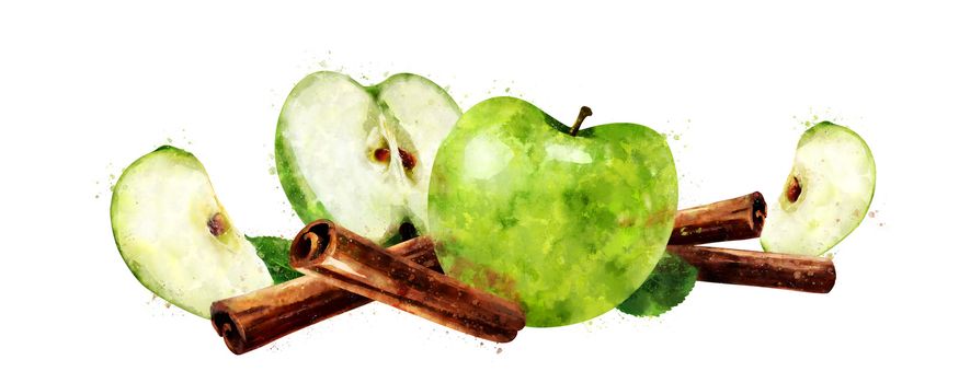 Cinnamon and green apples on white background.