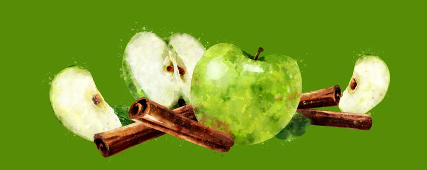 Cinnamon and green apples on green background.