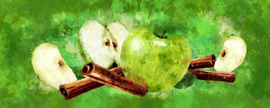 Cinnamon and green apples on green background.